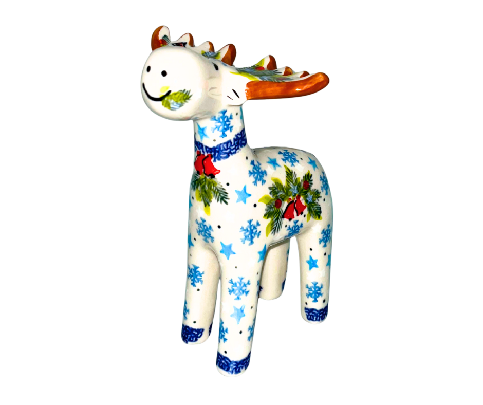 Handmade Polish Pottery 7 inch Moose by Ceramika Kalich in the Cardinal & Bells pattern. Holiday figurine with cardinals, bells, evergreen, and snowflakes. Unique Christmas décor.
