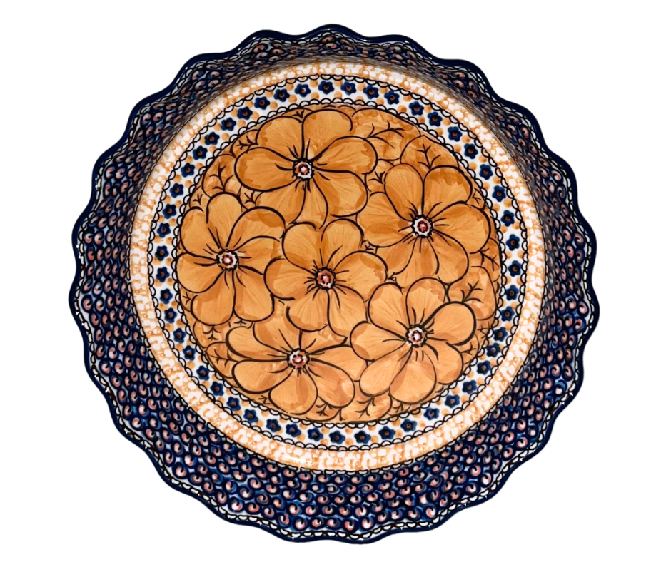 Hand-painted Ceramika Artystyczna Unikat 10" fluted pie baker in U408B Marigold Dreams by Jacek Chyła. Authentic Polish pottery from Bolesławiec, oven and dishwasher safe.