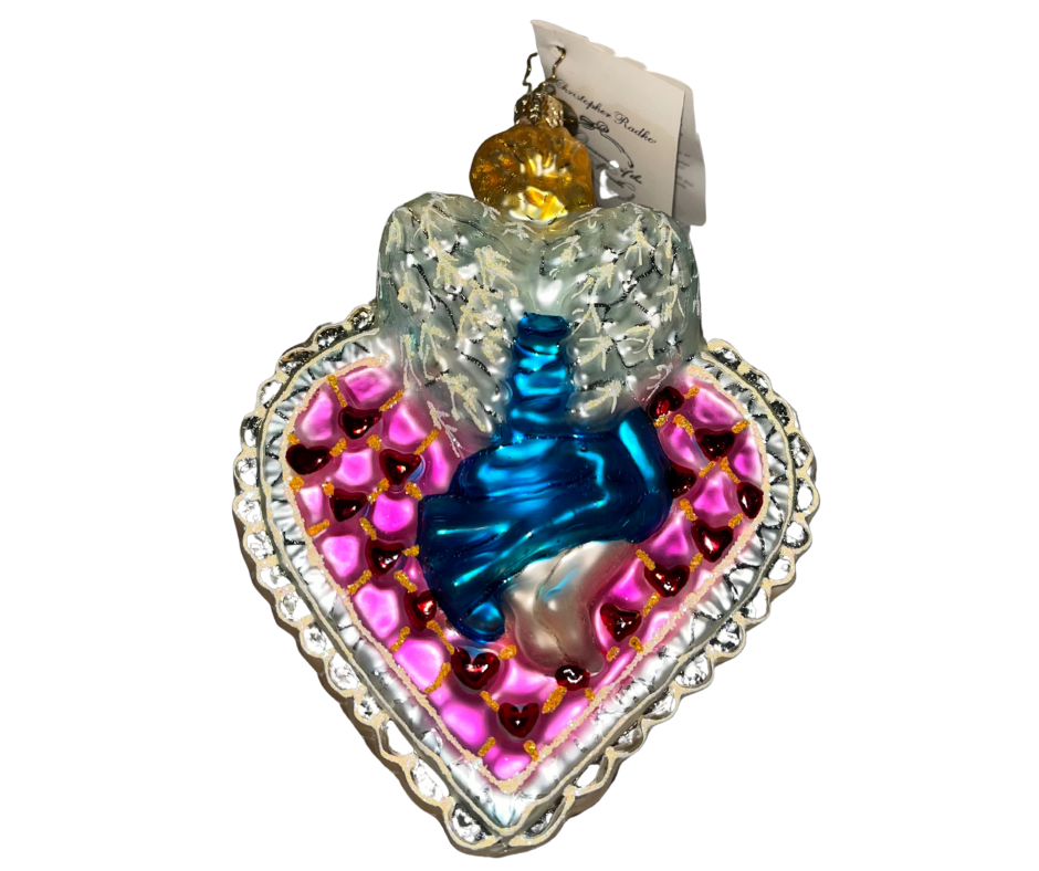 Christopher Radko Cupid’s Surprise ornament—hand-painted glass cherub with pink heart and flowers. Made in Poland, perfect for collectors and holiday romantics.