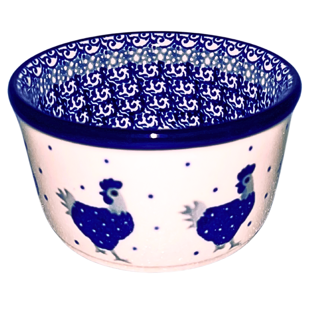 Handmade Polish pottery in Blue Hen pattern 2596X featuring charming cobalt hens and classic dot detailing. Durable, oven-safe stoneware from Bolesławiec.