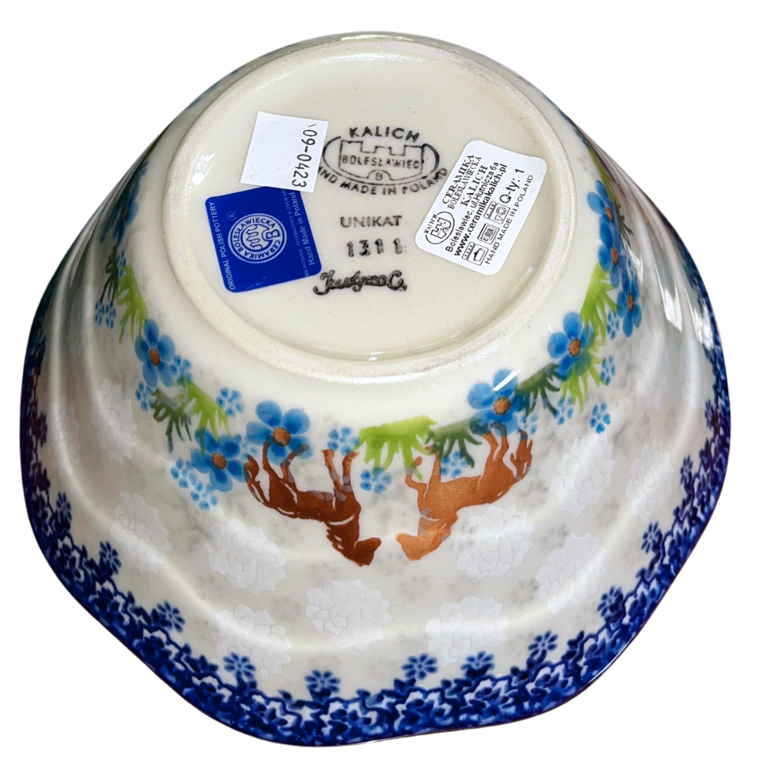 Ceramika Kalich Pattern 1311 features two horses among vibrant blue blossoms with a classic cobalt border. Hand-painted Polish pottery from Bolesławiec, Poland.