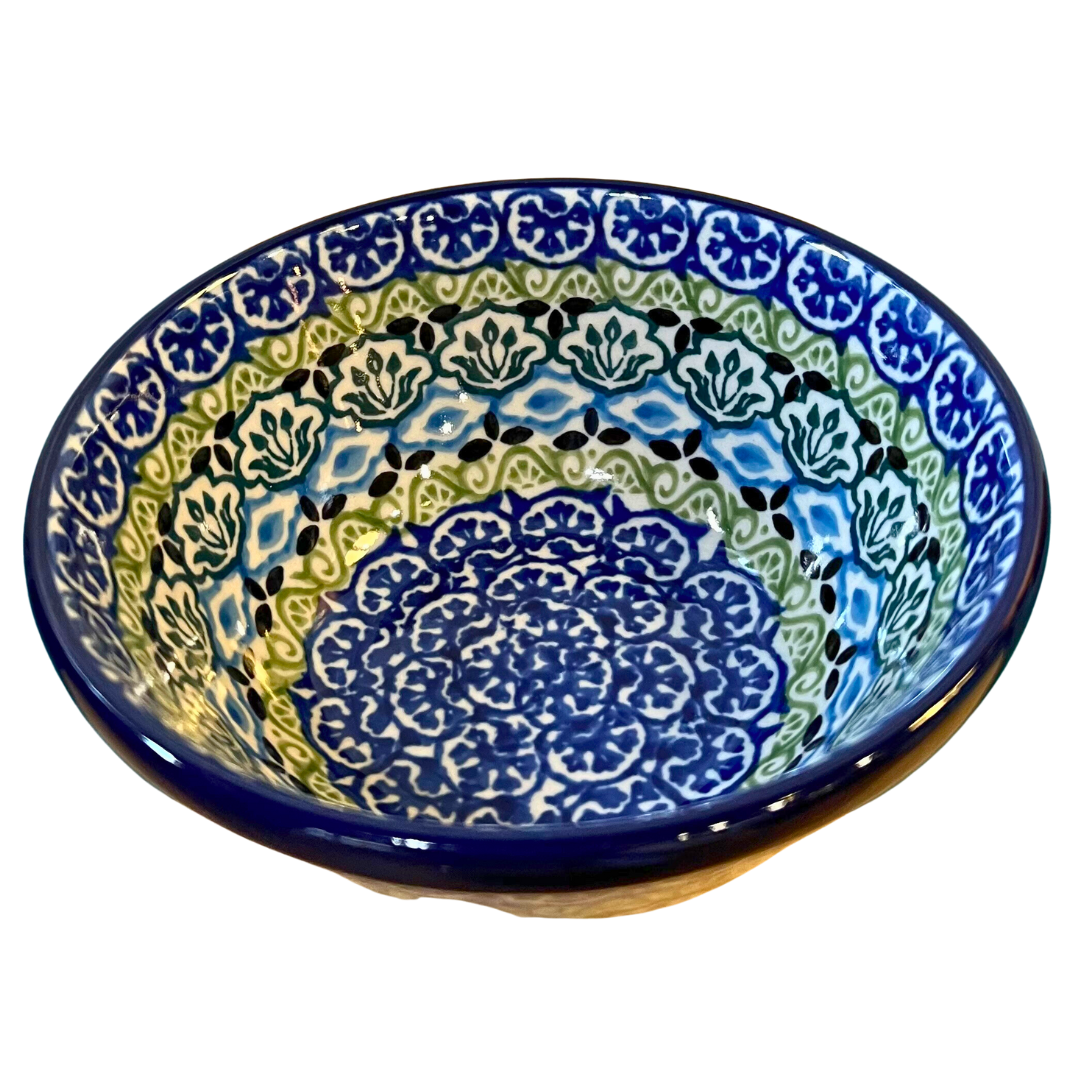Ceramika Artystyczna 1858X Tranquility features layered cobalt, blue, and green geometric florals with symmetrical bands and classic rim; hand-painted traditional Polish pottery design.