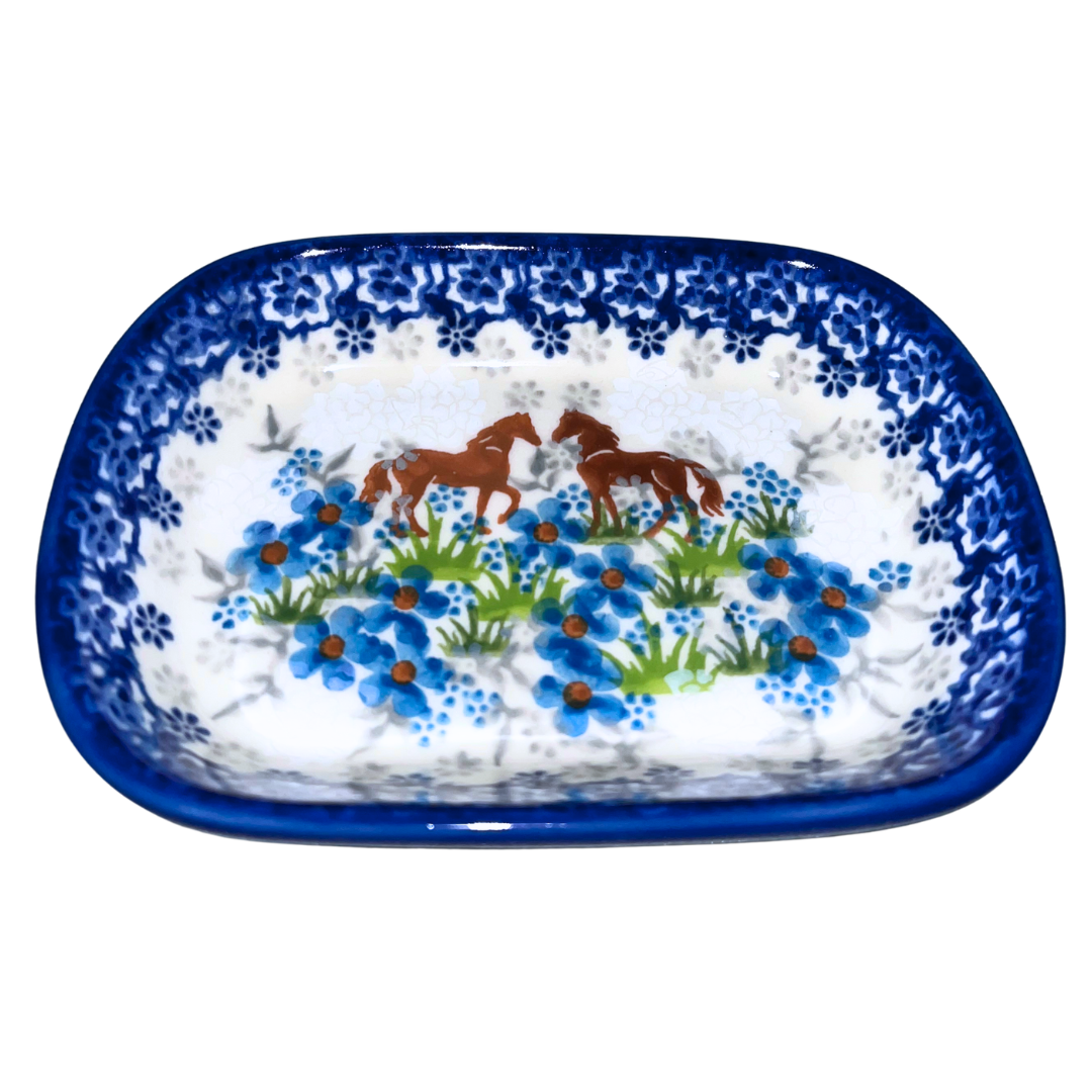 Ceramika Kalich Pattern 1311 features two horses among vibrant blue blossoms with a classic cobalt border. Hand-painted Polish pottery from Bolesławiec, Poland.