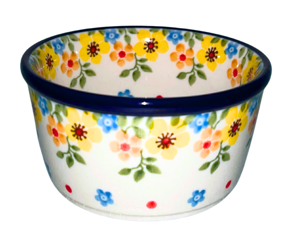 Handcrafted Polish Pottery 4 inch Ramekin in Ceramika Artystyczna Pattern 2225x Buttercup. A bright and cheery pattern with small yellow blue & orange flowers on white background