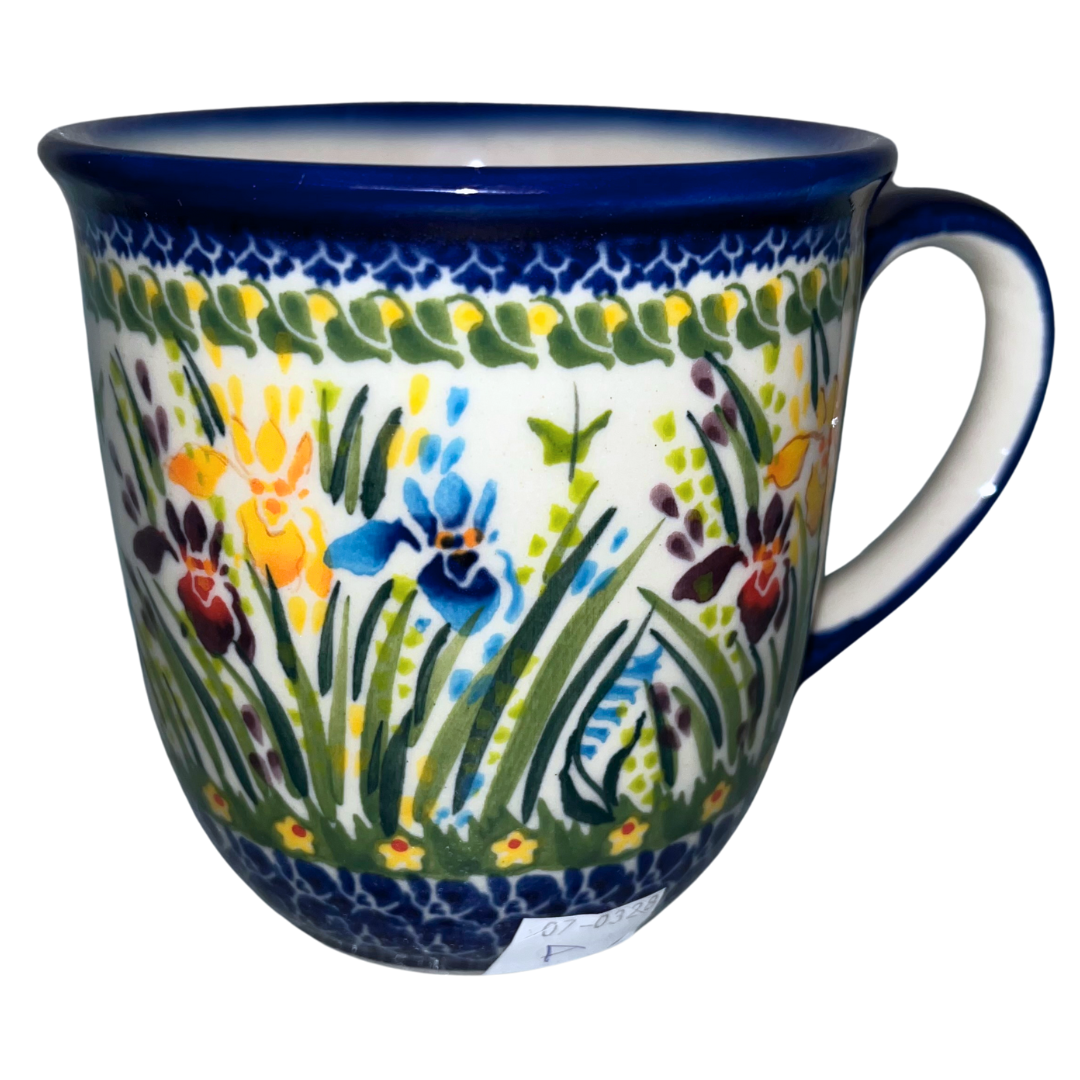Ceramika Kalich Pattern 895 Iris Polish pottery with hand-painted blue, yellow, and burgundy flowers. Durable, dishwasher safe stoneware from Bolesławiec.