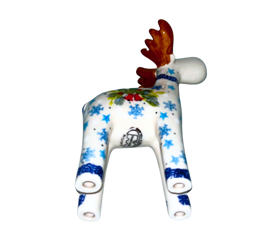 Handmade Polish Pottery 7 inch Moose by Ceramika Kalich in the Cardinal & Bells pattern. Holiday figurine with cardinals, bells, evergreen, and snowflakes. Unique Christmas décor.