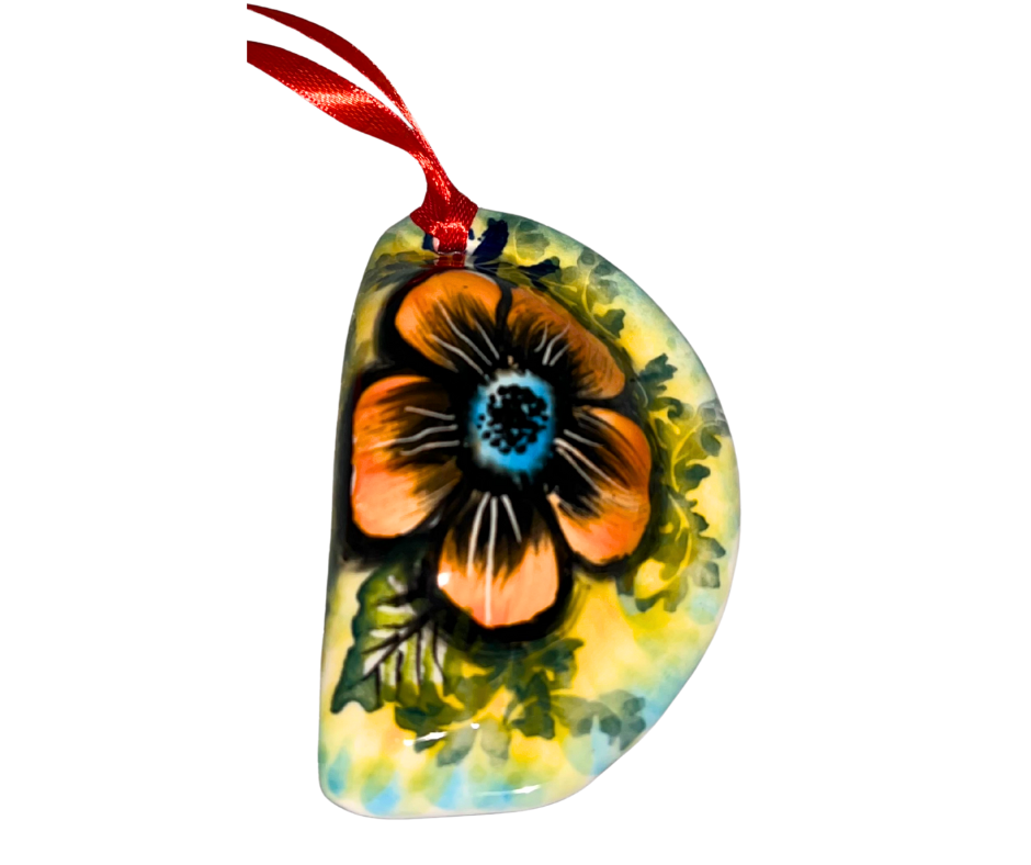 Kaola Studio Polish Pottery Pierogi Ornament - Orange Floral Green Foliage