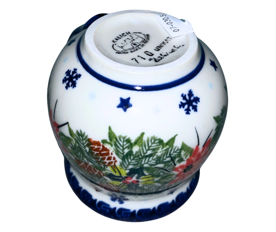 Kalich Polish Pottery 10oz Bubble Mug Unikat 710. Winter cardinal design with poinsettias, pinecones, & snowflakes. Handmade in Poland. Oven dishwasher microwave safe.