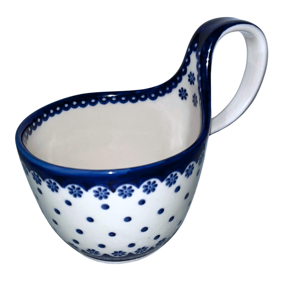 Ceramika Kalich Pattern 1035 Queen Anne’s Lace Polish pottery with classic cobalt dots and floral border. Authentic Bolesławiec stoneware, durable, dishwasher, microwave, and oven safe.