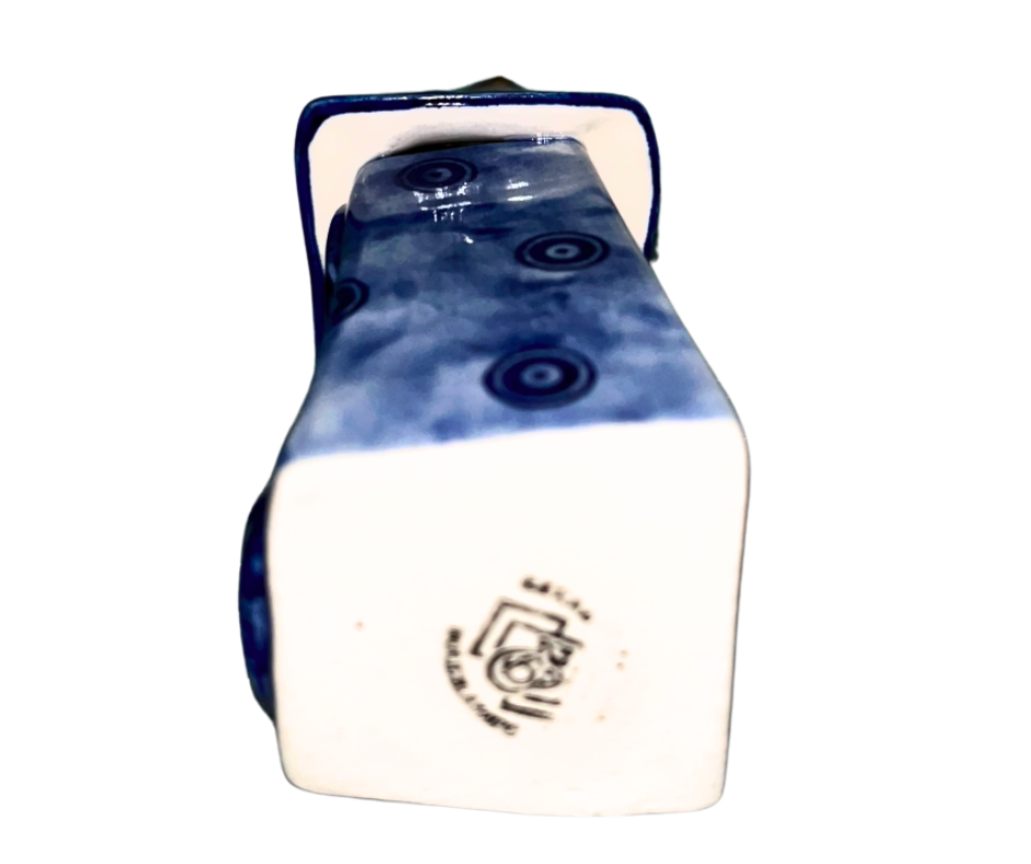 Handmade Polish pottery blue house by Kaola Studio. Whimsical folk art décor with a polka-dot roof, crafted in Poland. A charming accent for shelves or gifts.