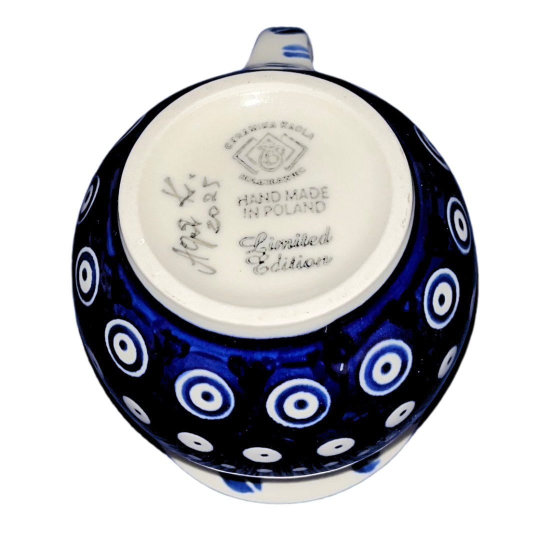 Handmade Kaola Polish Pottery in the Blue Coffee Beans pattern. Authentic Bolesławiec stoneware featuring hand-painted cobalt blue coffee bean motifs.