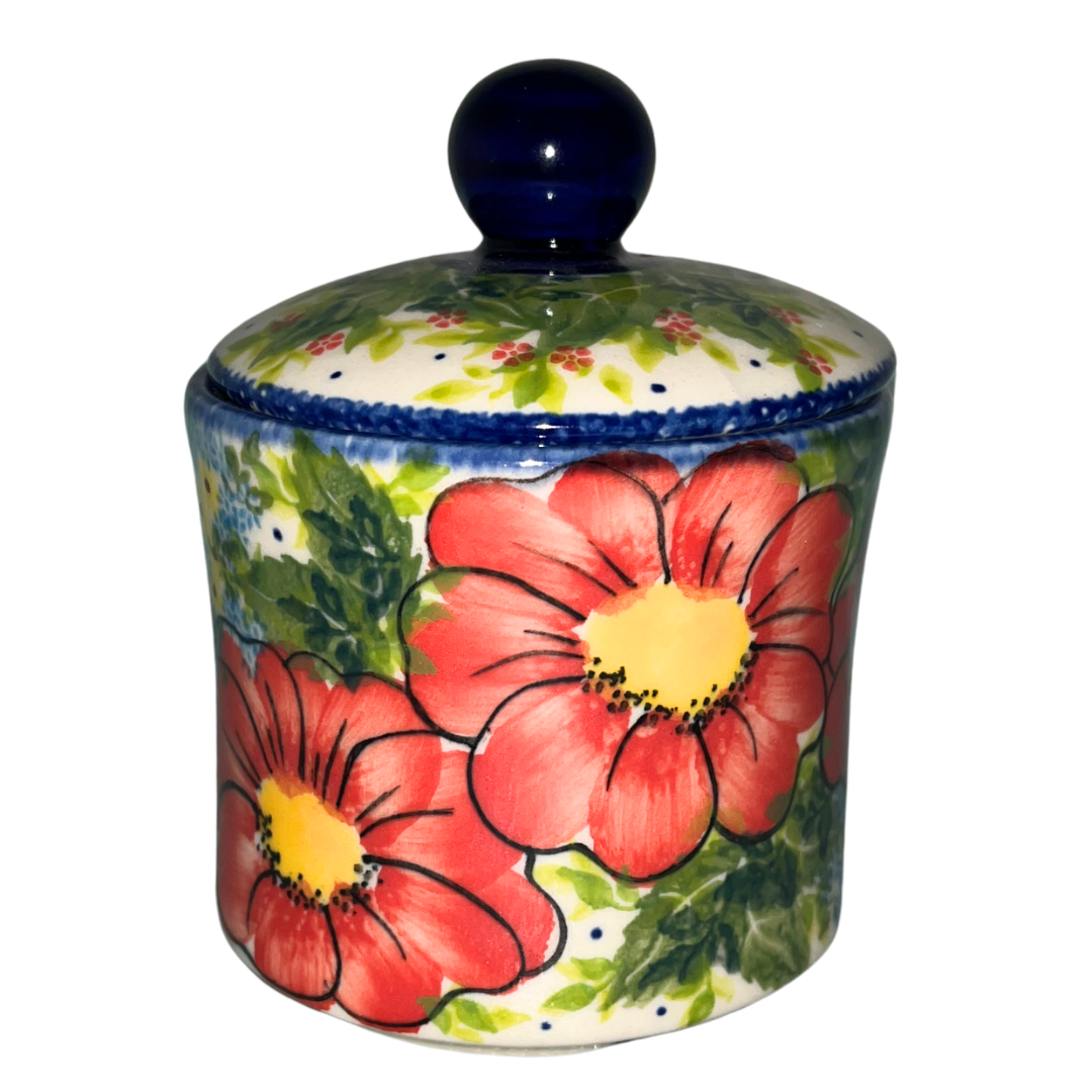 KALICH POLISH POTTERY Tall Sugar Bowl Milano - Pattern 730 Red Poppy Garden