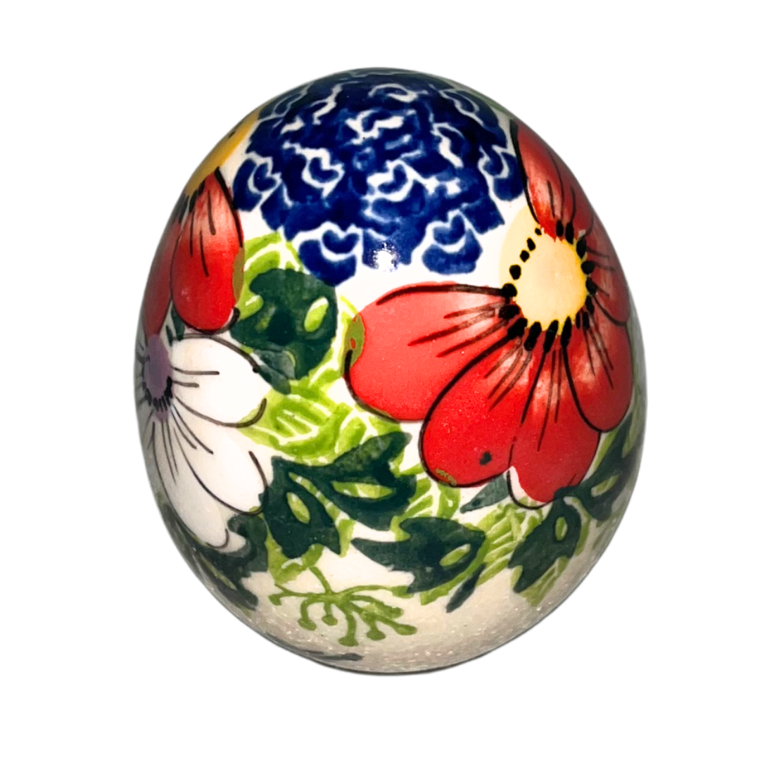 Kalich Polish Pottery Pattern 730 Red Poppy Garden, hand-painted red floral design with green foliage and cobalt accents, Bolesławiec stoneware, durable, dishwasher and microwave safe.
