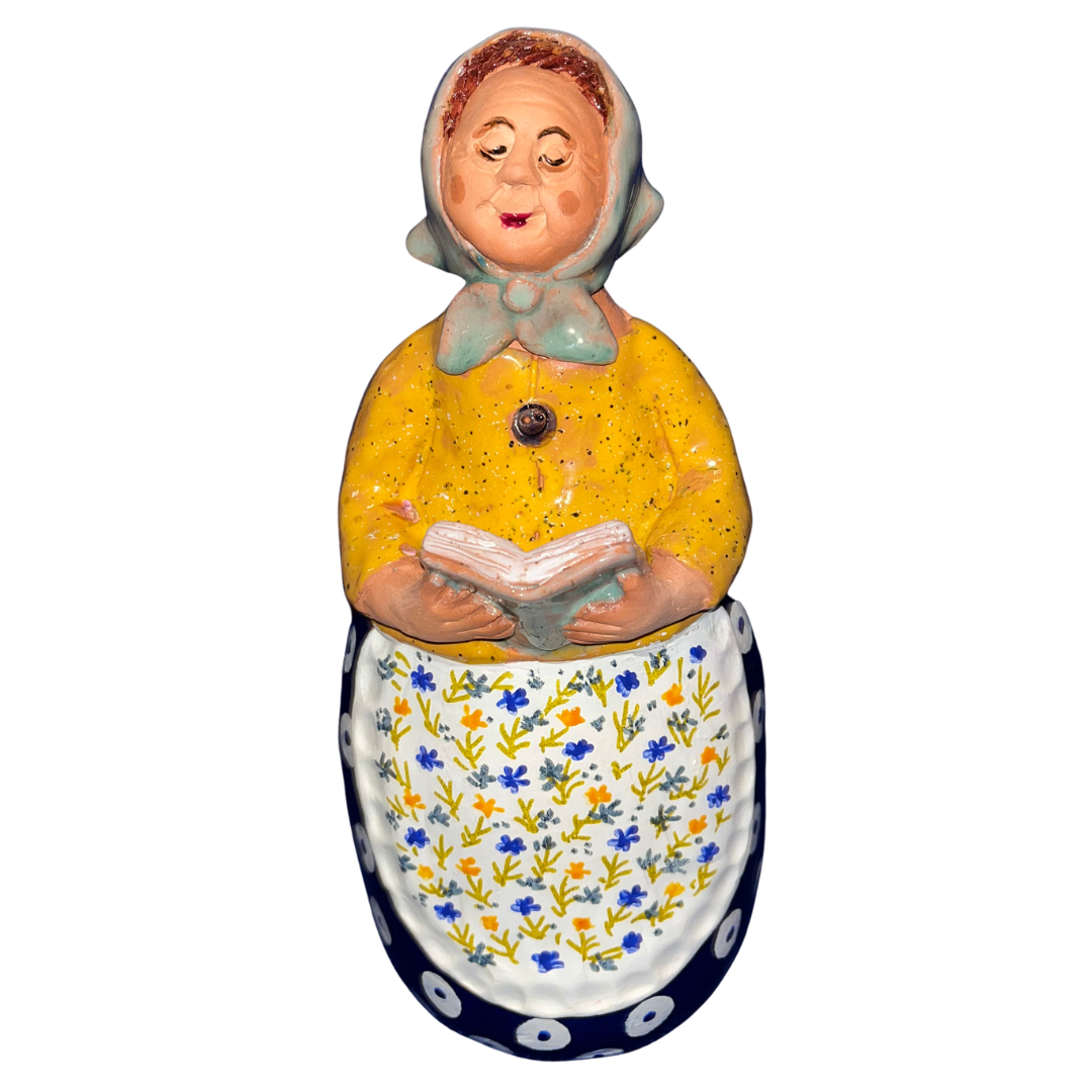 Polish Grannie Babcia with Book Handsculpted  Folk Art 12 inch 7754