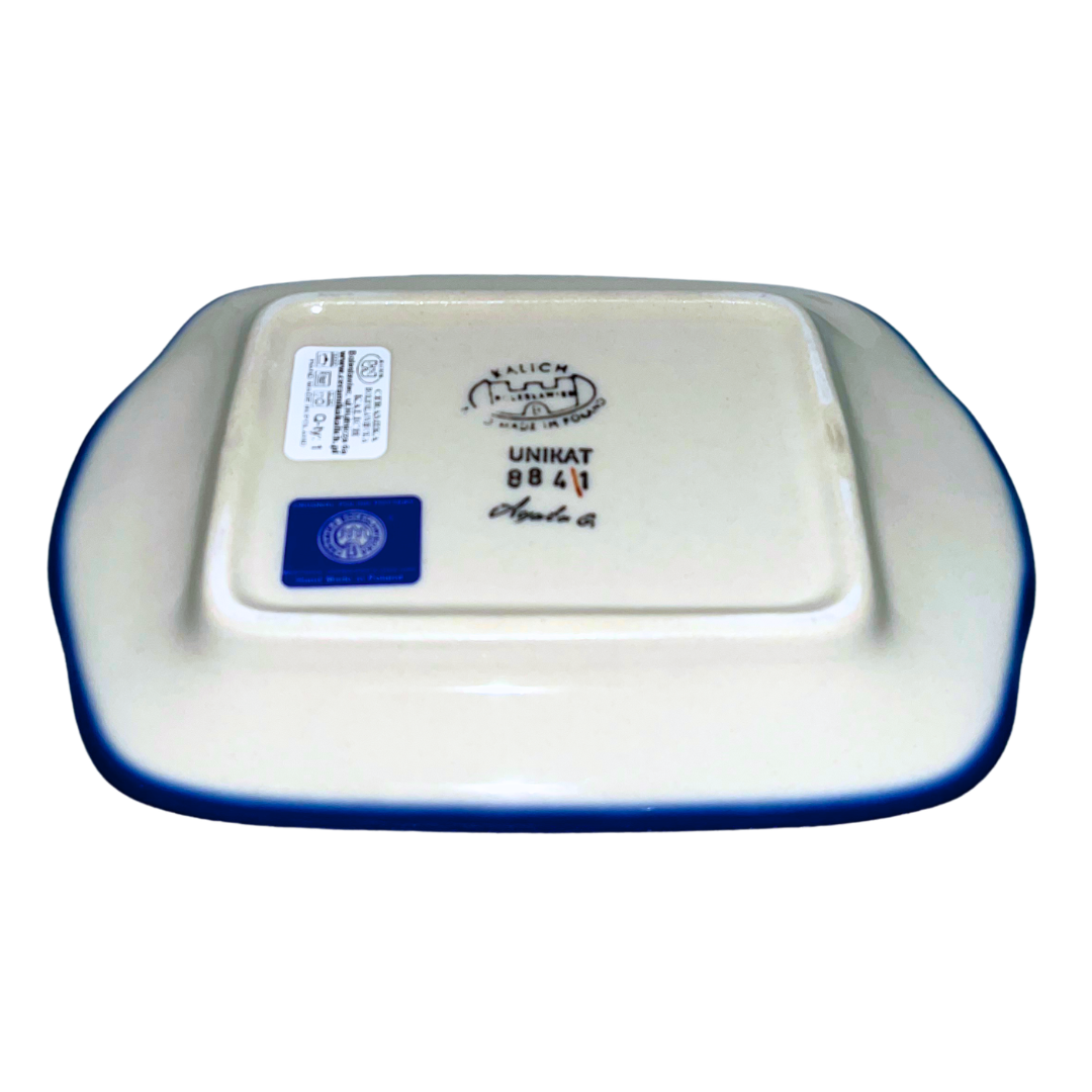 Handmade Ceramika Kalich Polish pottery in Pattern 884 Sealife with Red Crabs. Colorful coastal design featuring seahorses, starfish, and crabs. Microwave and dishwasher safe stoneware.