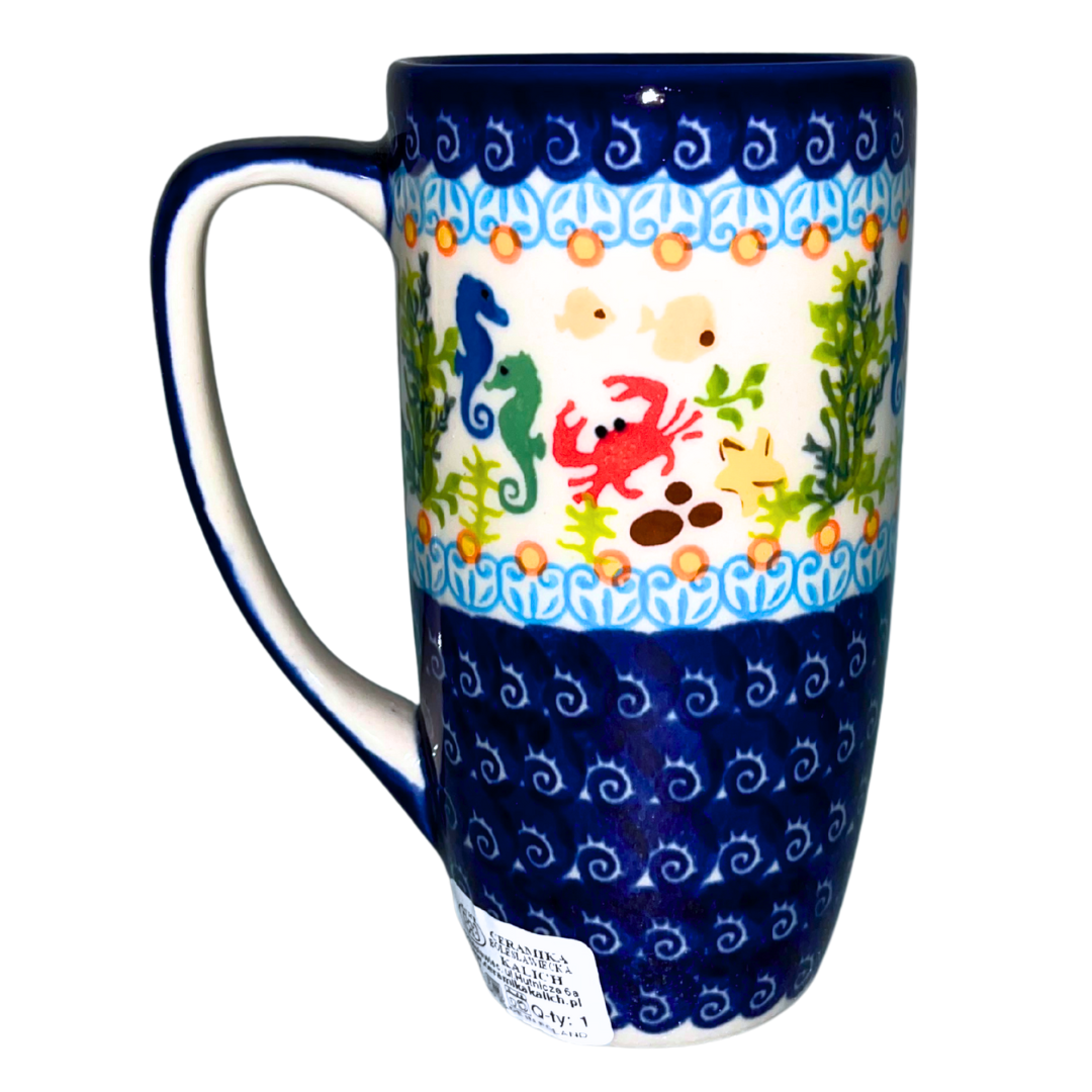 Handmade Ceramika Kalich Polish pottery in Pattern 884 Sealife with Red Crabs. Colorful coastal design featuring seahorses, starfish, and crabs. Microwave and dishwasher safe stoneware.
