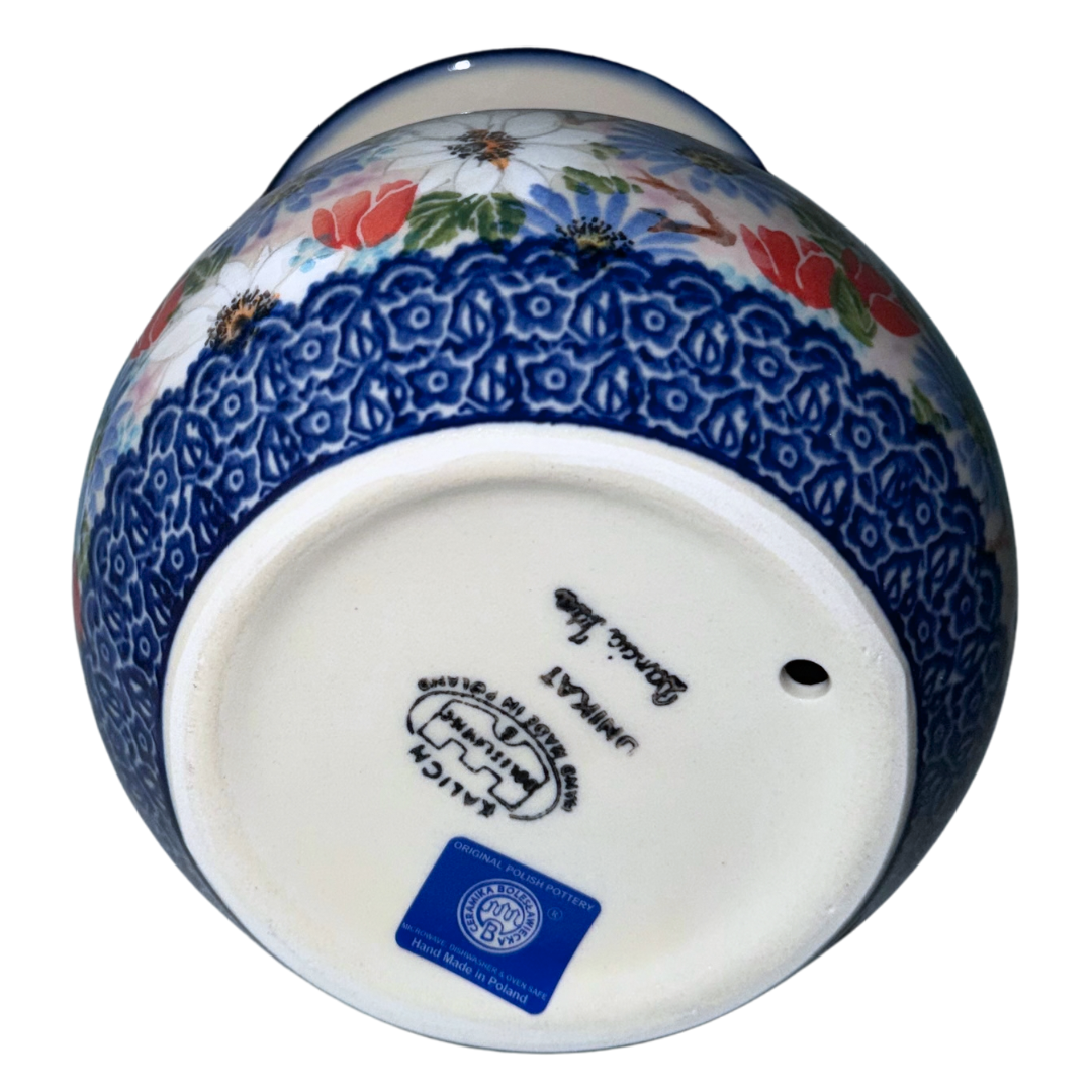 Ceramika Kalich Polish Pottery Birdhouse Bird Feeder with hand-painted white, red, blue and lavender garden flowers, handcrafted in Bolesławiec Poland.