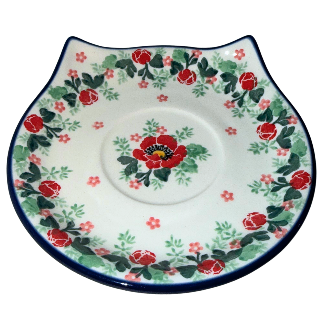 Ceramika Artystyczna Red Hot Poppy 3234X cat-shaped Polish Pottery saucer with red floral border, green leaves and cobalt-blue edging.