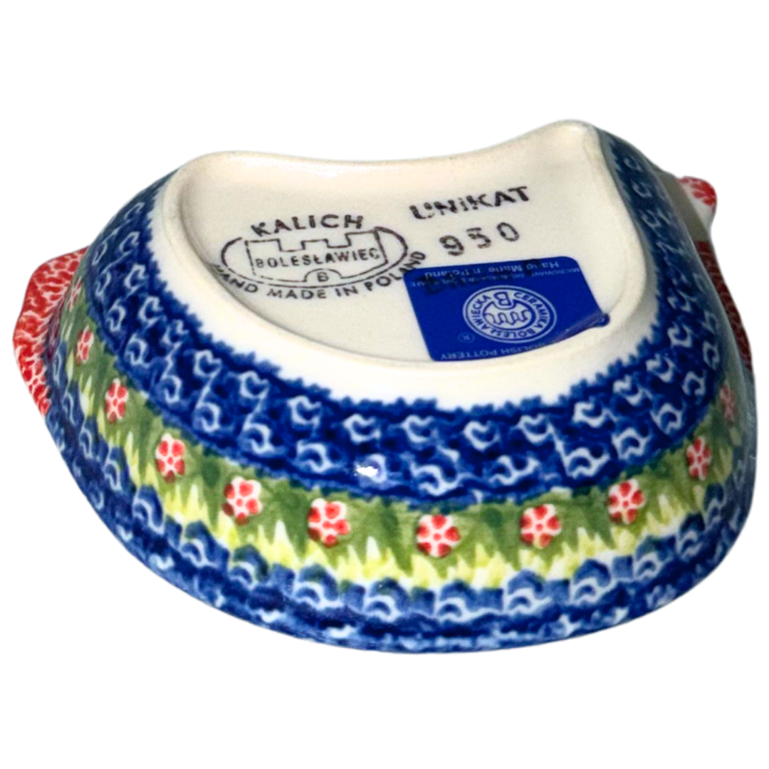 Ceramika Kalich Pattern 950 Polka Chicken Polish pottery with hand-painted hens and floral garden design.