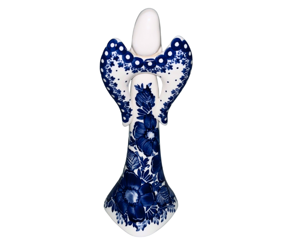 9.75" hand-painted Kaola angel in cobalt poppies, signed and dated 2025 by Aga K. Handmade in Bolesławiec, Poland.