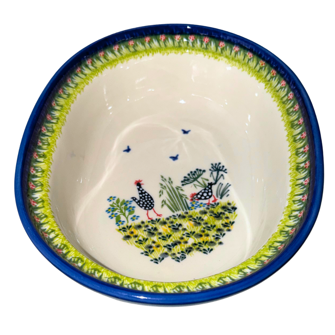 Ceramika Kalich Pattern 950 Polka Chicken Polish pottery with hand-painted hens and floral garden design. Authentic