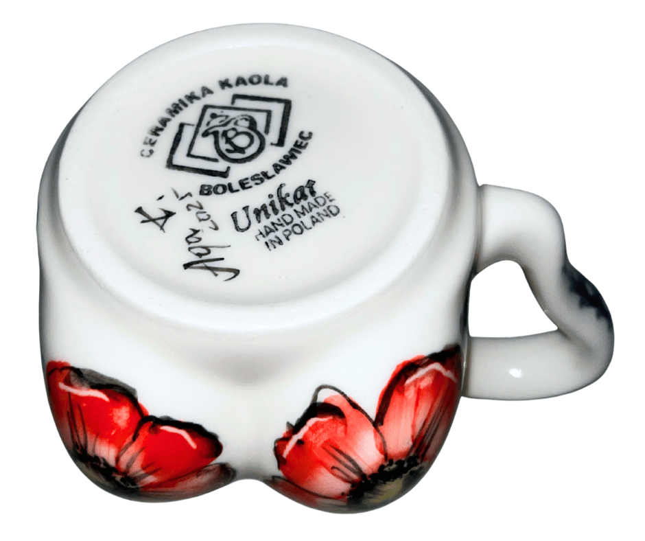 Handmade 18 oz Polish pottery boudoir mug by Kaola Studio, signed by artist Aga K in 2025. Hand-painted red florals with whimsical sculptural detail.