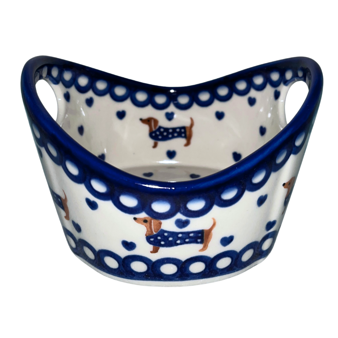 Ceramika Kalich Pattern 1322 Dachshunds features playful dachshunds in blue coats with scattered blue hearts and cobalt accents. Hand-painted Polish pottery from Poland.