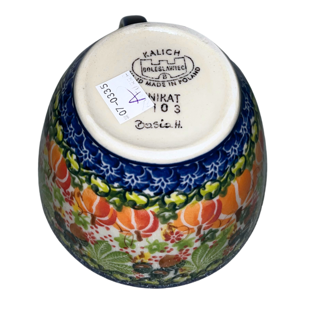 Kalich Polish Pottery Hedgehog Pumpkins Acorns pattern 1103 features hand-painted hedgehogs, pumpkins, and acorns in a vibrant autumn design on durable stoneware.