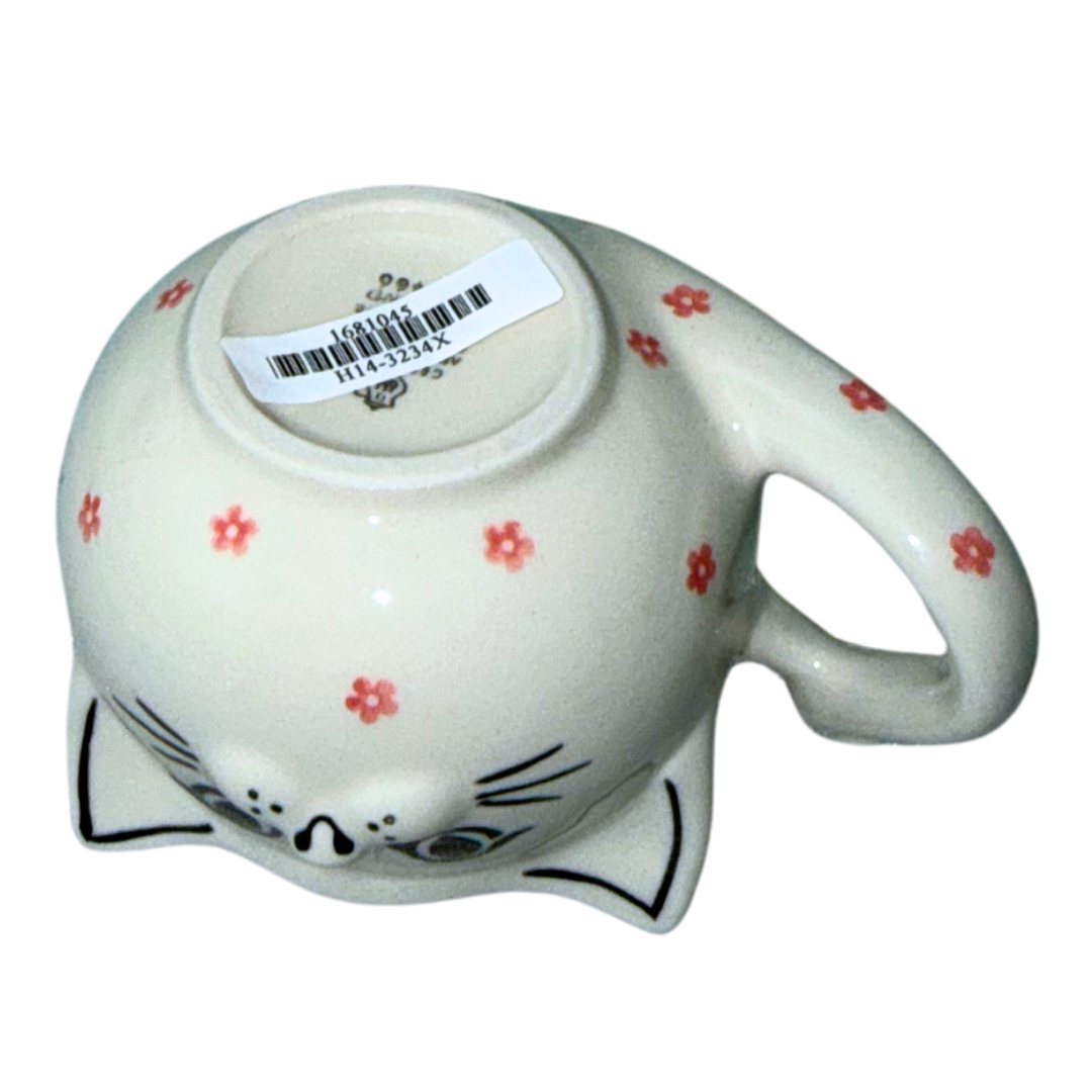 Ceramika Artystyczna Red Hot Poppy 3234X Polish Pottery kitty cup, cat-shaped saucer and spoon set, hand-painted in Bolesławiec, Poland.