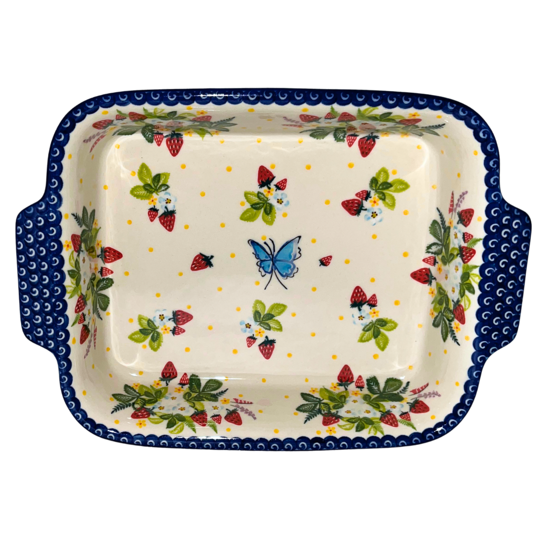 Ceramika Kalich Pattern 1085 Summer Strawberries Polish pottery with hand-painted strawberries, blossoms, and butterfly. Authentic Bolesławiec stoneware, dishwasher, microwave, and oven safe.