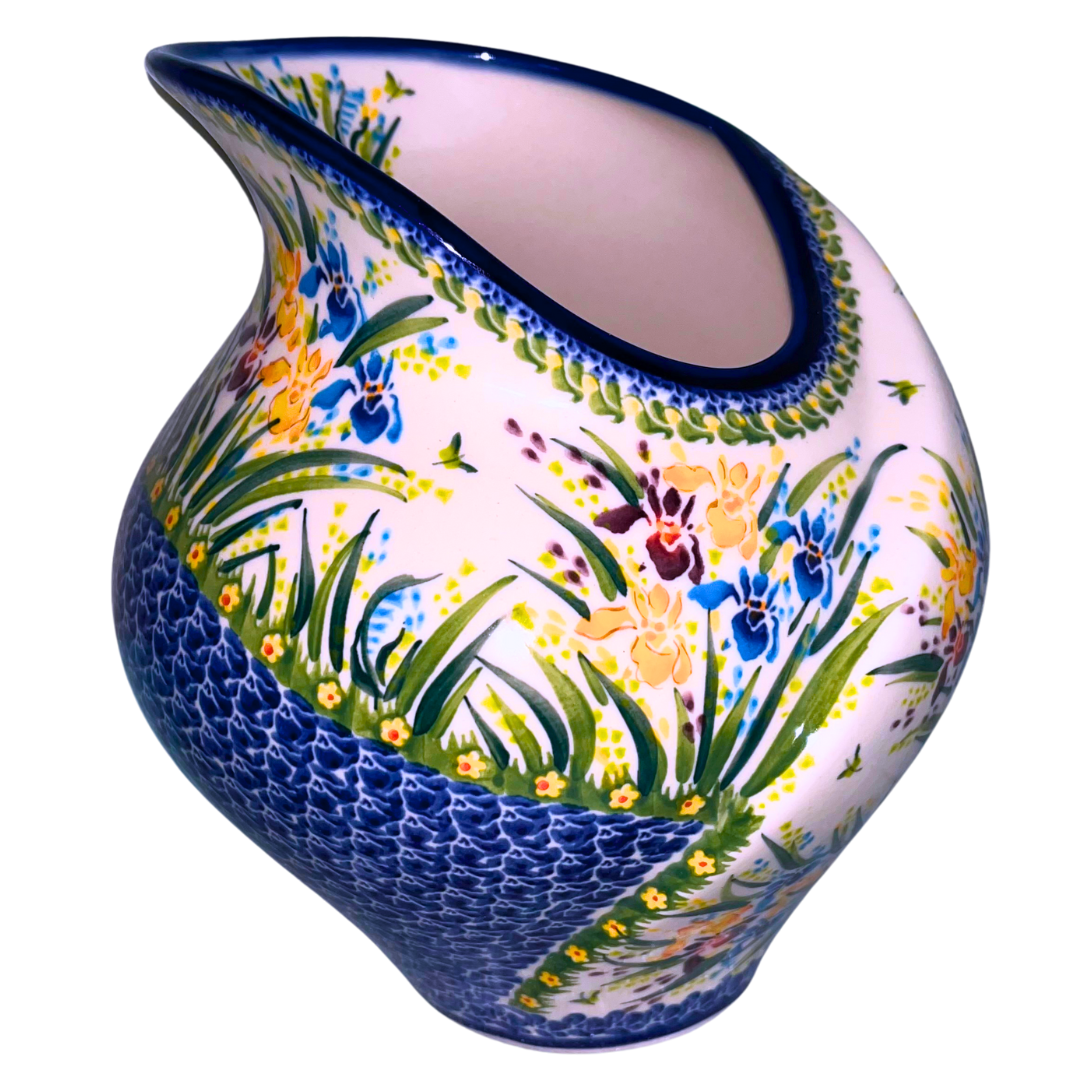 Handmade Kalich Polish Pottery tulip vase in Pattern 895 Iris. Hand-painted floral design with rich blue accents. Made in Bolesławiec, Poland.