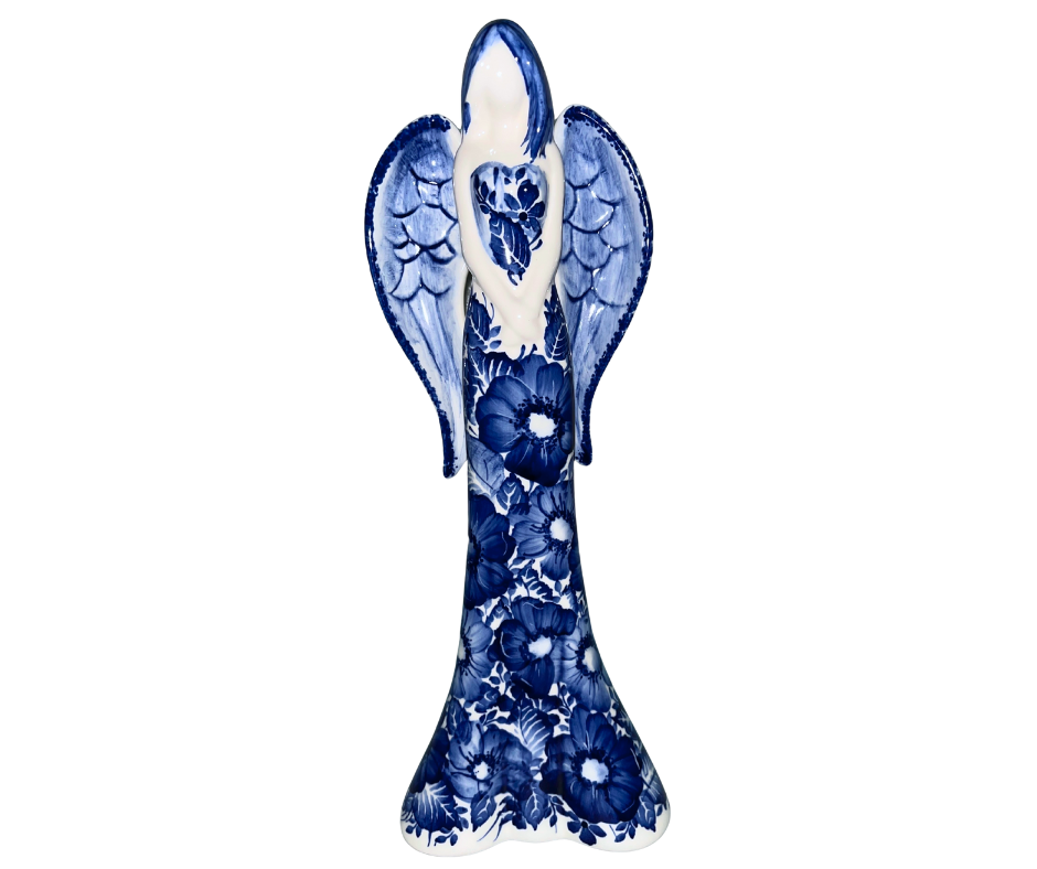 Kaola Studio Polish Pottery 12 inch Angel in Cobalt Poppies, Floral Wings. Limited Edition, Signed by A. Pachom 2025