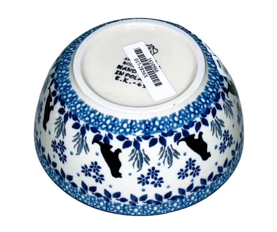 Handmade Polish pottery bubble mug featuring dog silhouettes and blue floral motifs. Pattern 2856X “Buddy” by Ceramika Artystyczna—durable, dishwasher and microwave safe.