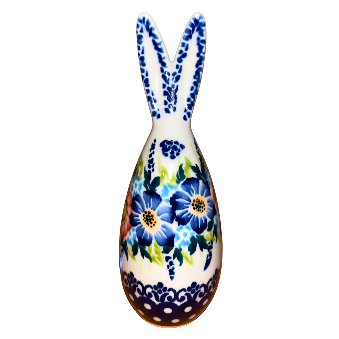 5.75" Polish pottery bunny by Kaola, hand-painted in red & blue flowers. Glossy, durable, collectible ceramic figurine.