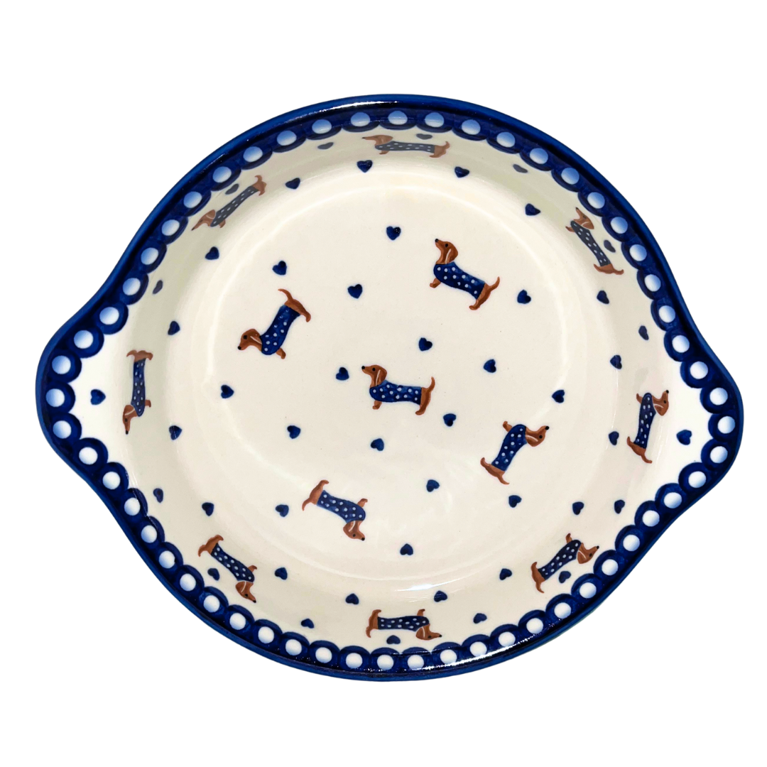 KALICH Polish Pottery 11 inch Round Baker with Handles 1322 Blue Dachshunds