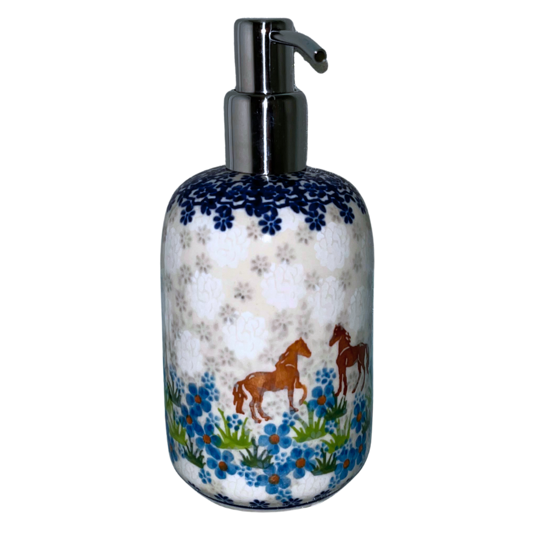 KALICH Polish Pottery Soap Pump Container 1311 Blue Meadow Horses