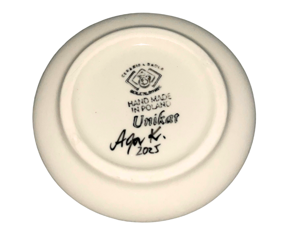 Limited edition 2 oz Kaola cup signed by Aga K with coordinating signed saucer, hand painted Polish pottery from Bolesławiec, 2025.