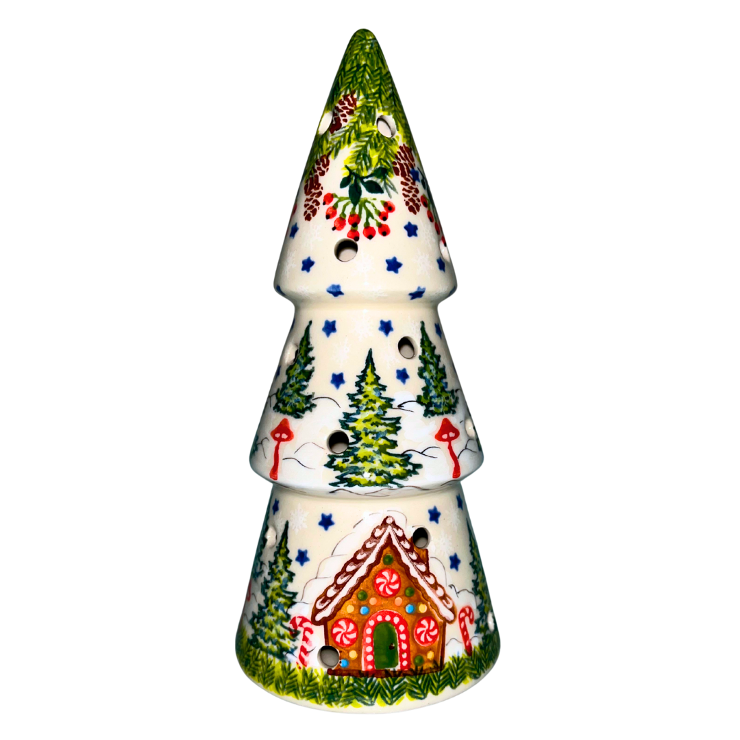 KALICH Polish Pottery 8" Christmas Tree Luminary Unikat 1121 Gingerbread Cottage