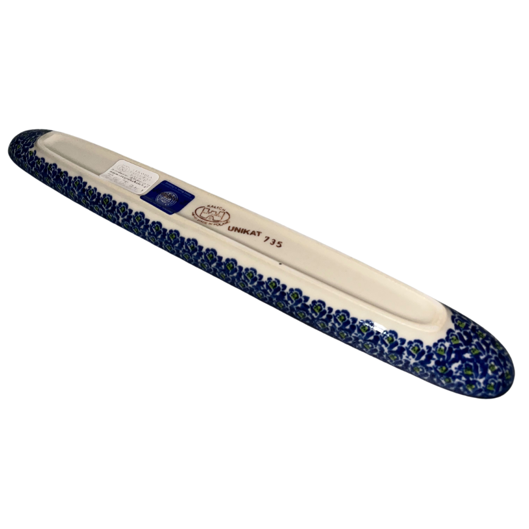 Ceramika Kalich Pattern 735 Wild Hydrangea Olive Boat. Hand-painted Polish pottery serving dish with cobalt blue border. Dishwasher and microwave safe stoneware.