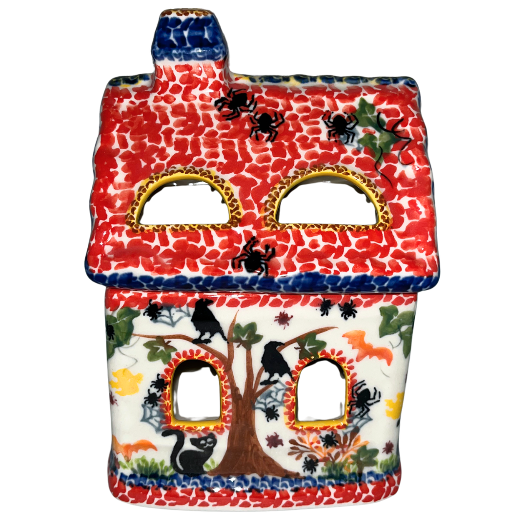 Hand-painted Kalich Polish Pottery Halloween House Luminary from Bolesławiec, Poland, featuring black cats, ravens, spiders, bats and autumn details.