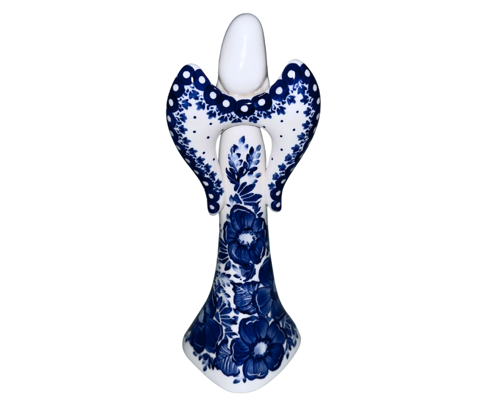 9.75" hand-painted Kaola angel in cobalt florals, signed by Aga K. Limited Edition 2025. Handmade in Bolesławiec, Poland.
