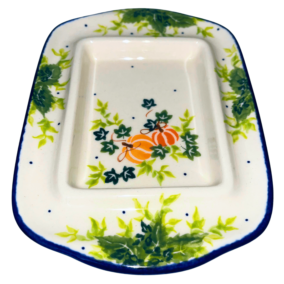 08-0351 BUTTER DISH WIDE INSIDE BOTTOM FALL FLOWERS CATS PUMPKINS.png