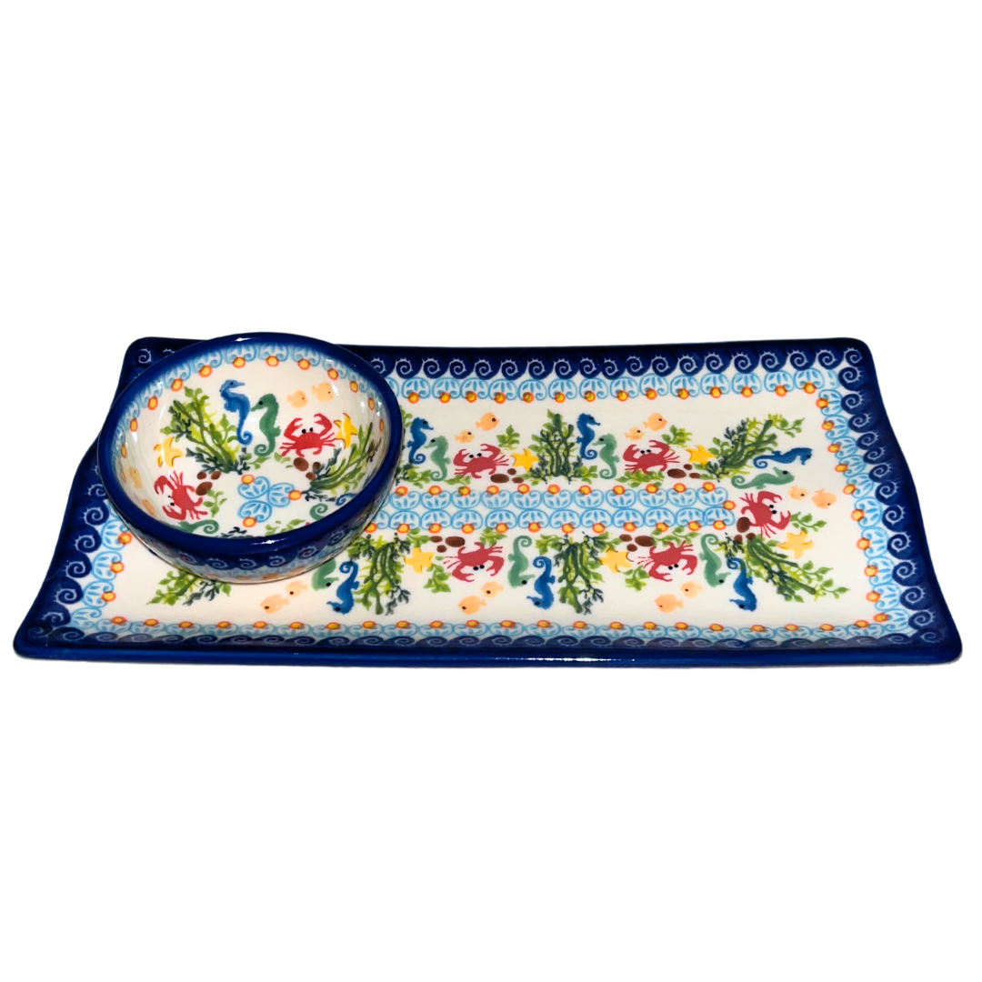 Handmade Ceramika Kalich Polish pottery in Pattern 884 Sealife with Red Crabs. Colorful coastal design featuring seahorses, starfish, and crabs. Microwave and dishwasher safe stoneware.