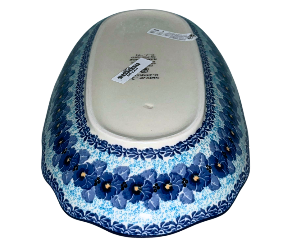 Ceramika Artystyczna Pattern U3639 Polish pottery featuring layered cobalt blue floral design. Handmade in Poland, dishwasher, microwave, and oven safe stoneware.
