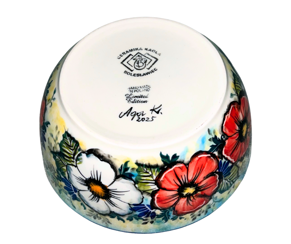 Limited Edition 2025 Kaola Polish Pottery bowl, signed by Aga K. Features a stamped blue mandala center and hand-painted red & white florals. Handmade in Poland.