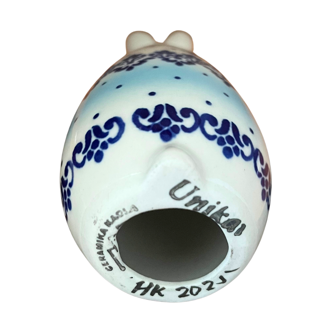 5.75" Polish pottery bunny by Kaola, hand-painted in cobalt & aqua, signed A K. Glossy, durable, collectible ceramic figurine.