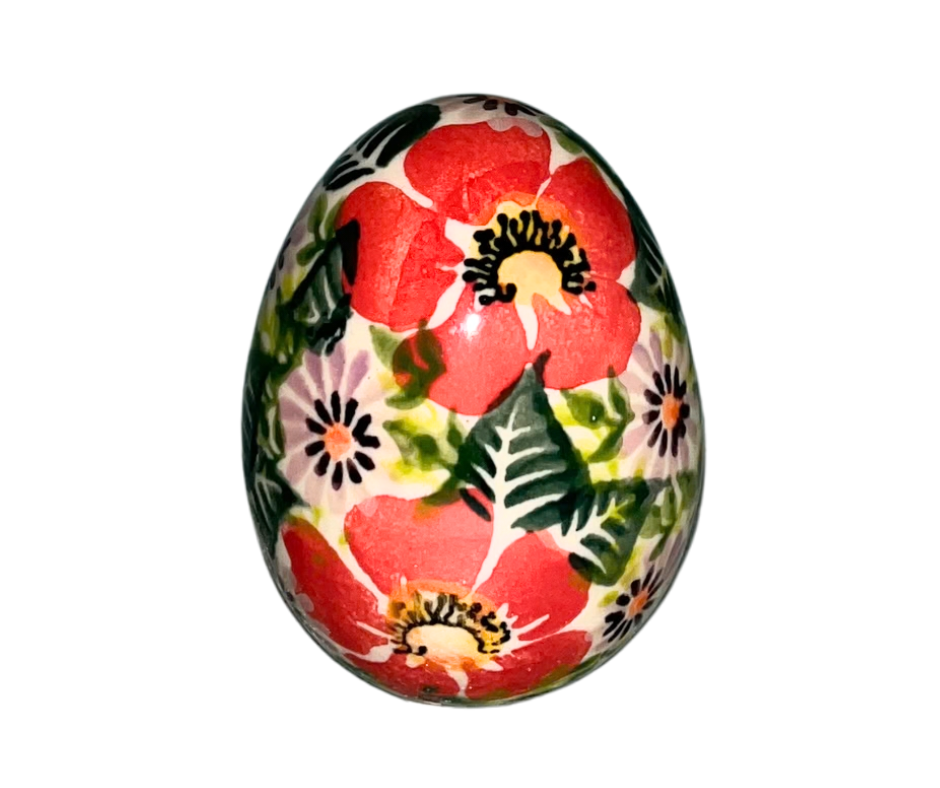 KALICH POLISH POTTERY Egg - 3". Coral & Light Lavender Flowers