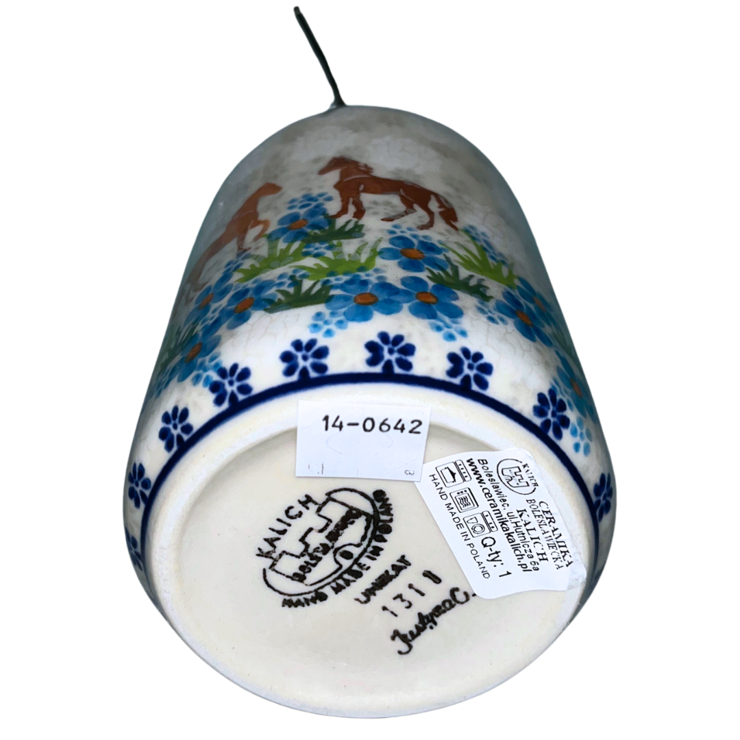 Ceramika Kalich Pattern 1311 features two horses among vibrant blue blossoms with a classic cobalt border. Hand-painted Polish pottery from Bolesławiec, Poland.