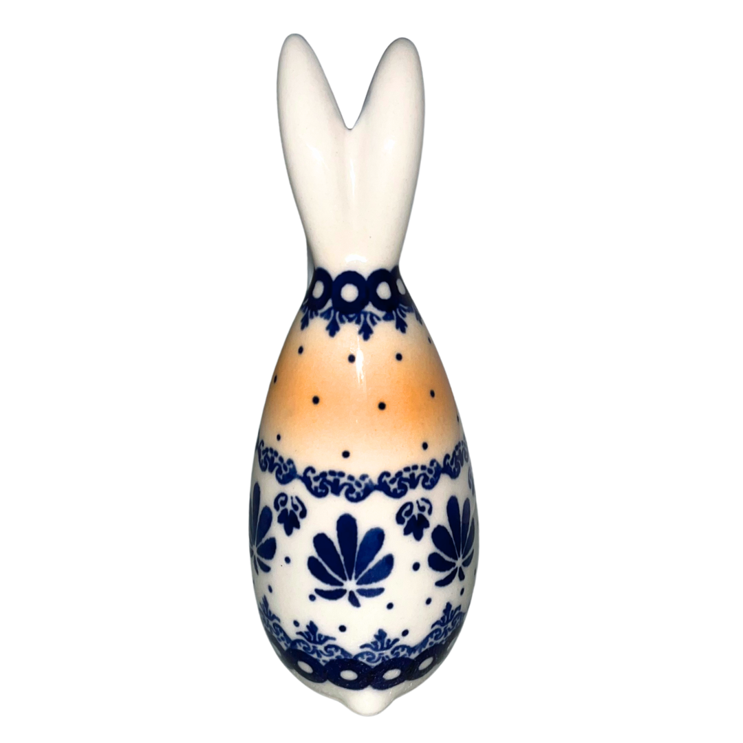 5.75" Polish pottery bunny by Kaola, hand-painted in cobalt patterns & peach accents, signed A K. Glossy, durable, collectible ceramic figurine.