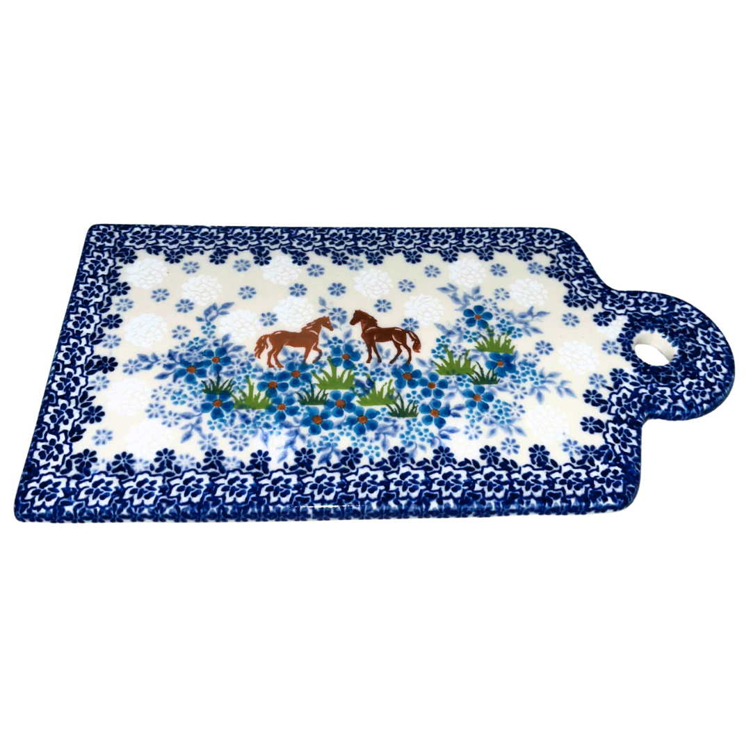 Ceramika Kalich Pattern 1311 features two horses among vibrant blue blossoms with a classic cobalt border. Hand-painted Polish pottery from Bolesławiec, Poland.